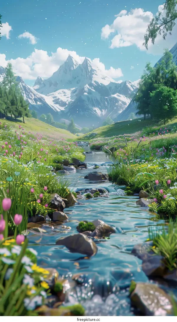 Scenic Mountain Landscape with River and Flowers