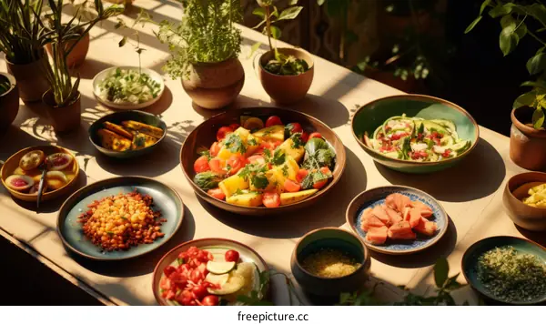 A table full of delicious and healthy food, a variety of vegetables, and fruits
