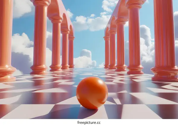 3D Rendered Orange Sphere in a Hallway of Pink Pillars and a Checkerboard Floor