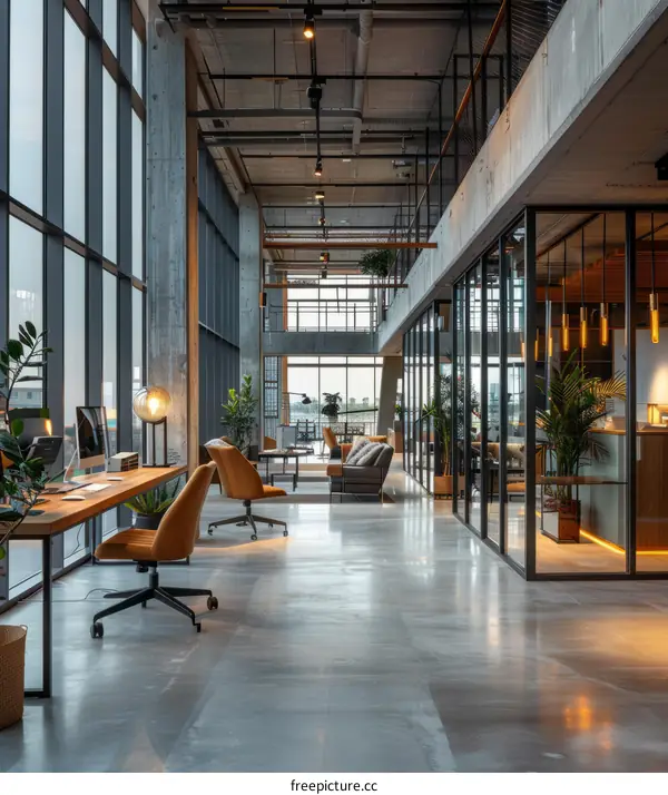 Modern Office Interior with Glass Walls and Concrete Beams