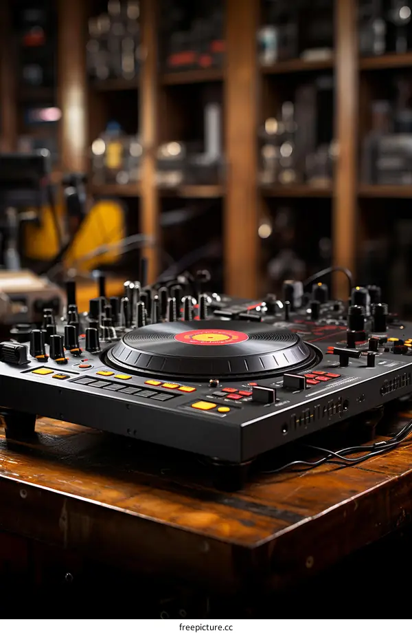 Black and red turntable on a wooden table with a blurry background of shelves filled with camera equipment