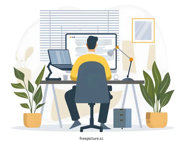 Man Working on Computer at Home Office Illustration