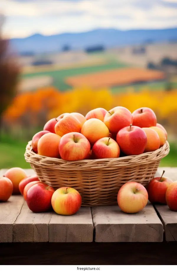 Ripe Red and Yellow Apples in a Basket on a Wooden Table