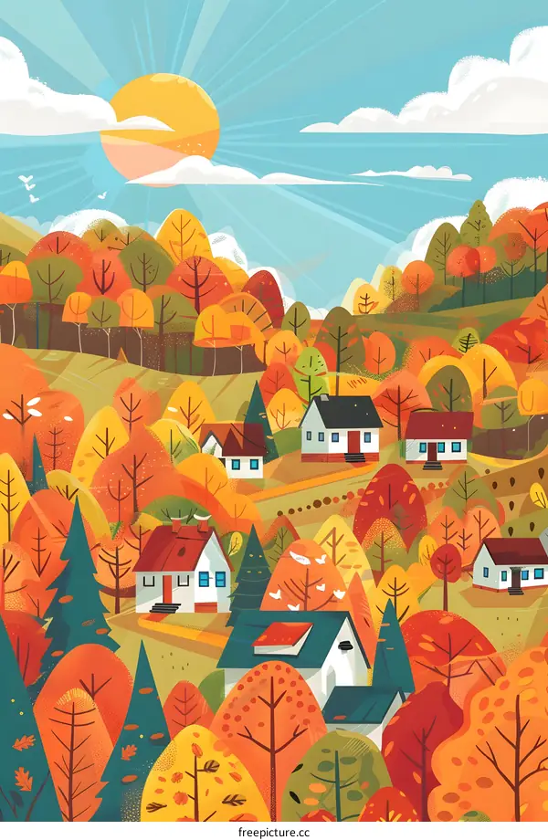 Autumn Village Landscape with Sun and Clouds Illustration