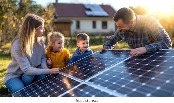 Family installing solar panels outdoors