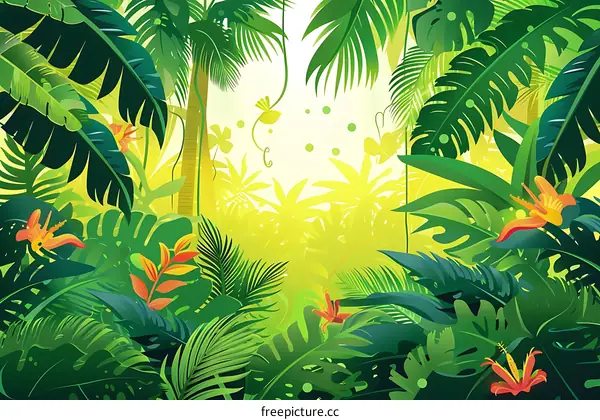 Green Lush Tropical Rainforest Jungle Background Illustration