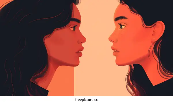 Two dark haired women looking at each other with serious expressions on their faces