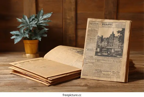 Vintage Newspaper Stacked on Wooden Table
