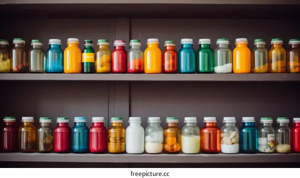 Colorful bottles of pills and tablets on a shelf