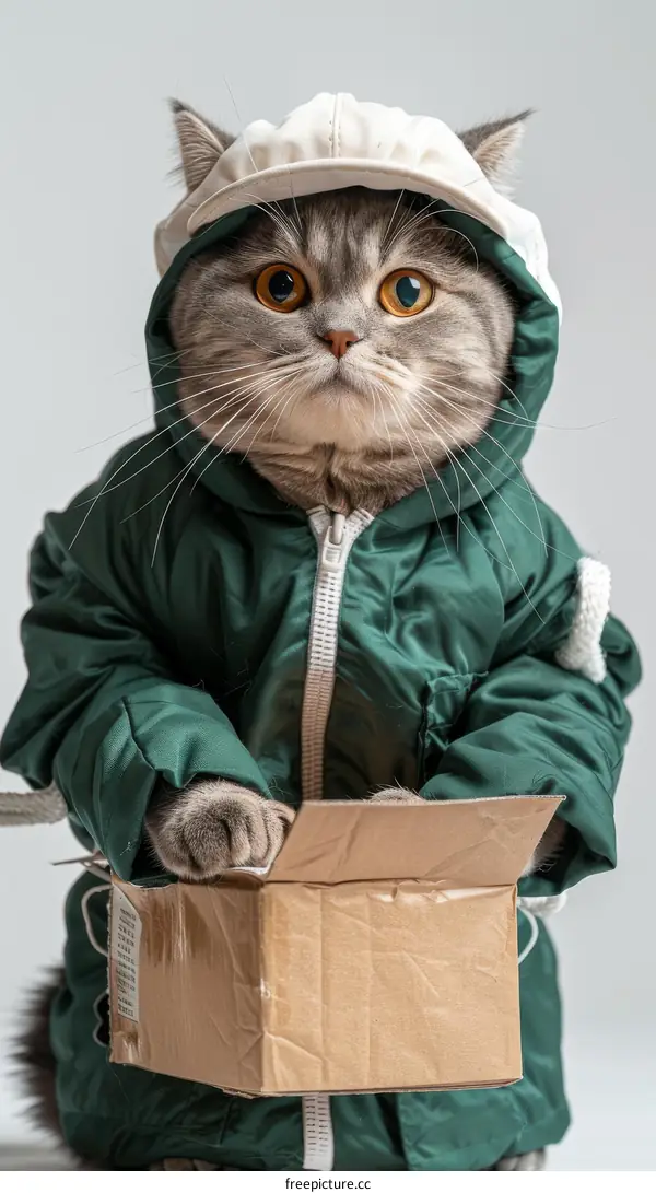 Cat in a green jacket and white hat with a cardboard box