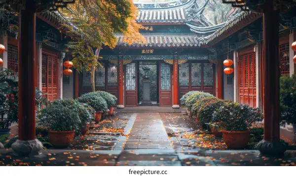Peaceful Courtyard in a Traditional Chinese Temple during Autumn
