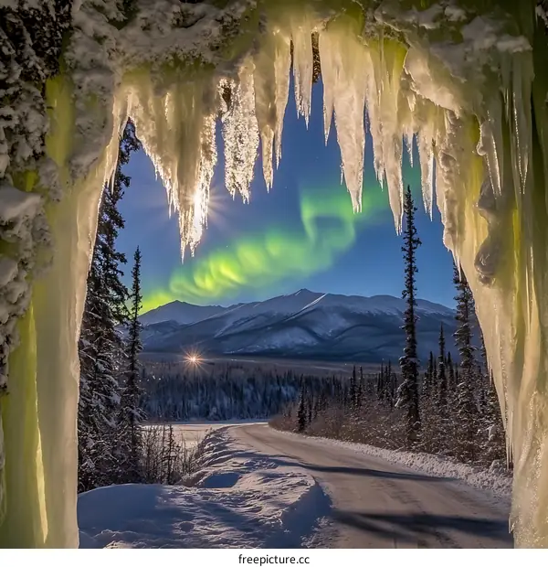 Northern Lights View Through Ice Cave