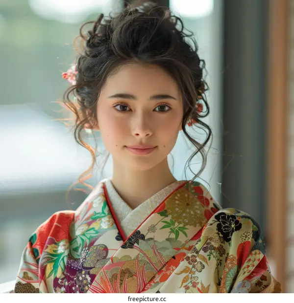 Portrait of a young woman wearing a kimono