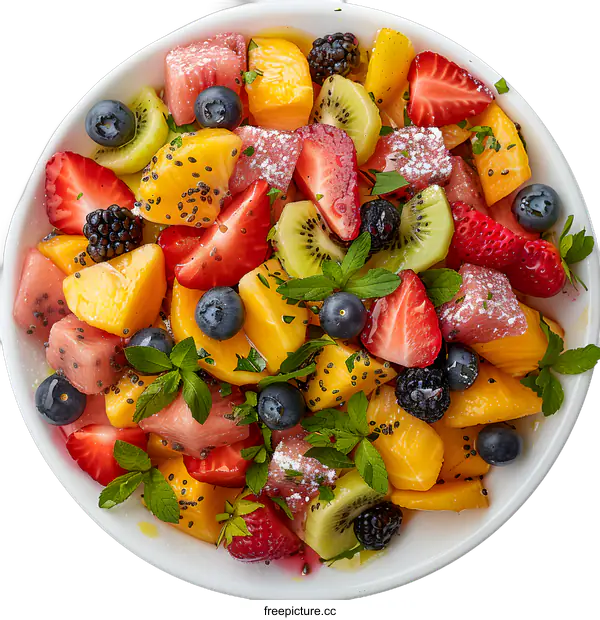 [Transparent Background PNG]A bowl of fresh and colorful fruit salad with strawberries, blueberries, peaches, and kiwi