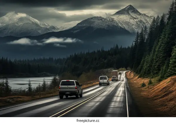 Vehicles drive on a road through a mountain pass