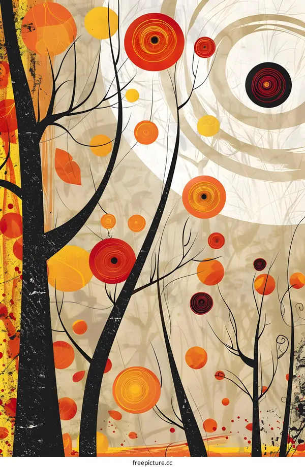 Abstract Tree Art with Circular Shapes in Orange and Black Colors