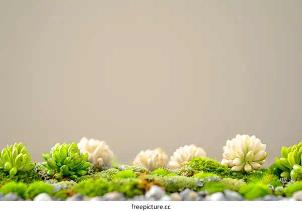 Green Moss and Succulents on a Beige Background