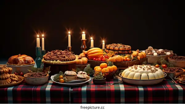 Festive Table Setting with Food and Candles