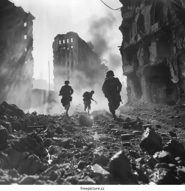 Three soldiers running through a destroyed city during World War II