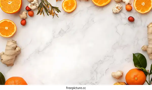 Fresh Oranges, Ginger and Leaves on White Marble