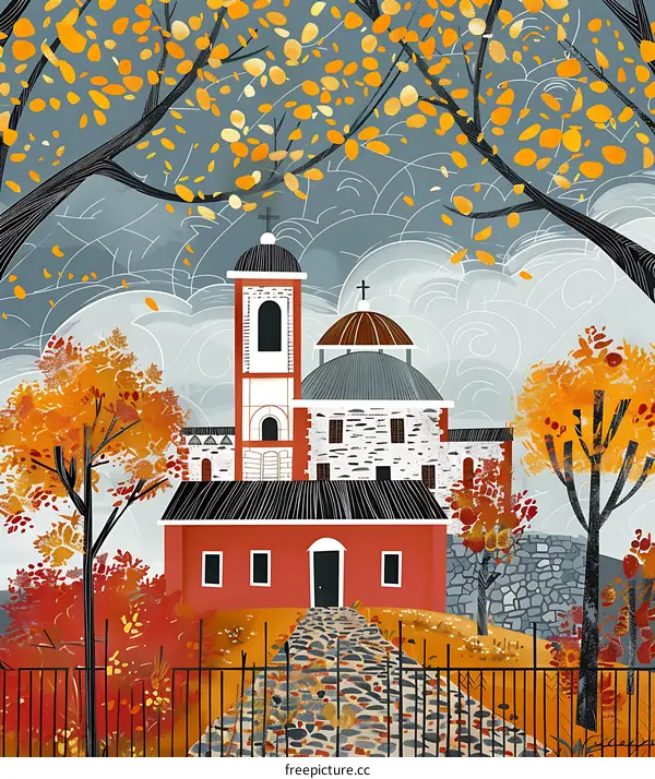 Autumn Landscape with Church Illustration