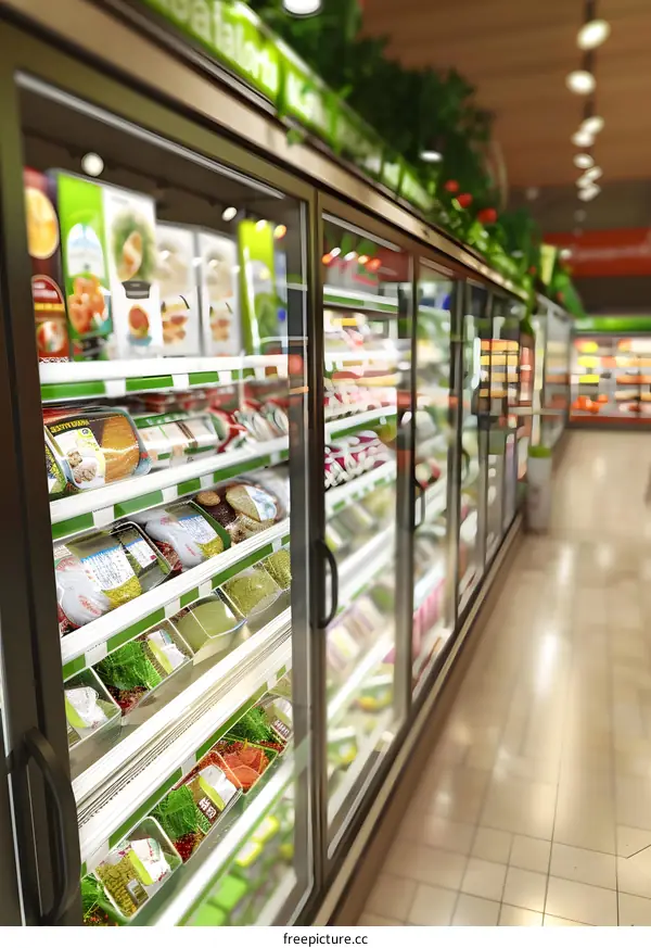 Refrigerated Food Display in Supermarket Aisle