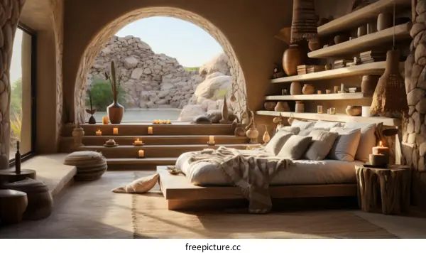 Earthy bedroom interior with a large arched window
