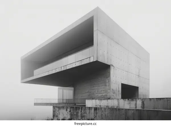 Brutalism architecture, concrete building with geometric shapes