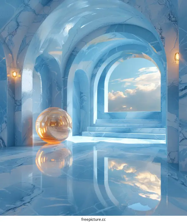 Azure Architectural Hallway with Golden Orb
