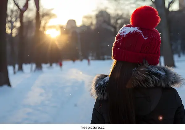 Woman in Red Hat Standing in Snowy Forest with Sunset
