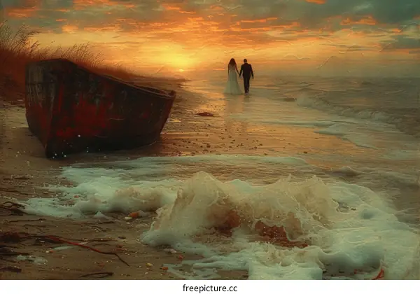 Newlyweds strolling along the beach at sunset with an old boat in the foreground