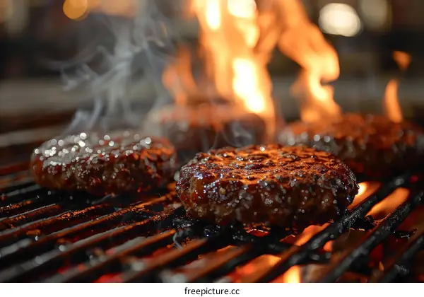 Beef patties sizzling on a flaming grill