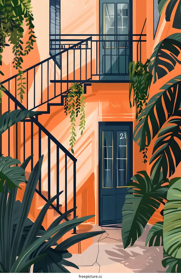 Orange Building with Green Plants Illustration