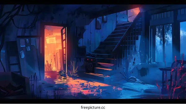 Dark Blue And Orange Color Scheme Illustration Of An Abandoned House Interior
