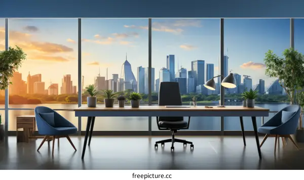 Modern office interior with city skyline view