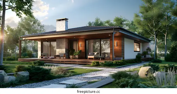 A modern house with a large terrace and a beautiful garden