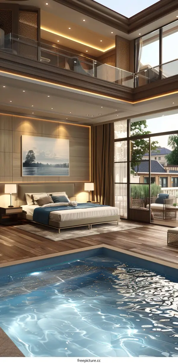 Modern bedroom with indoor swimming pool and floor-to-ceiling windows
