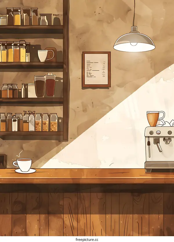 Coffee Shop Illustration with Counter, Shelves, and Coffee Machine