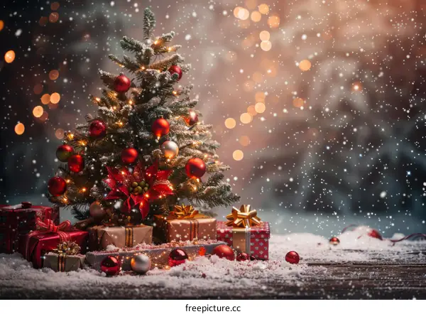 Christmas Tree with Red and Gold Ornaments and Presents Adorned with Snowfall