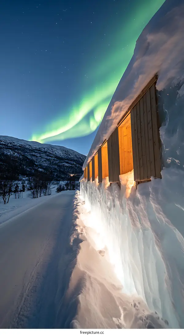 Northern Lights Shining on Snow Covered Cabin with Windows