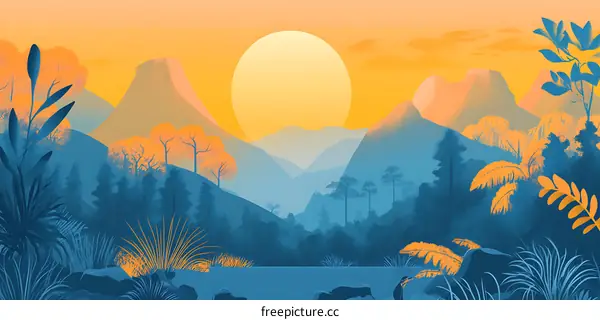 Sunset Over Mountains and Forest