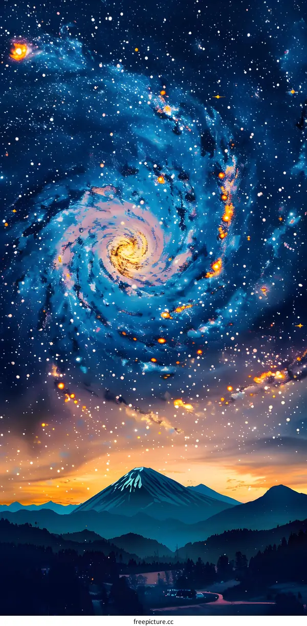 Mountain Silhouette Under Swirling Galaxy