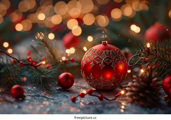 Red Christmas Ornament with Pinecone and Lights