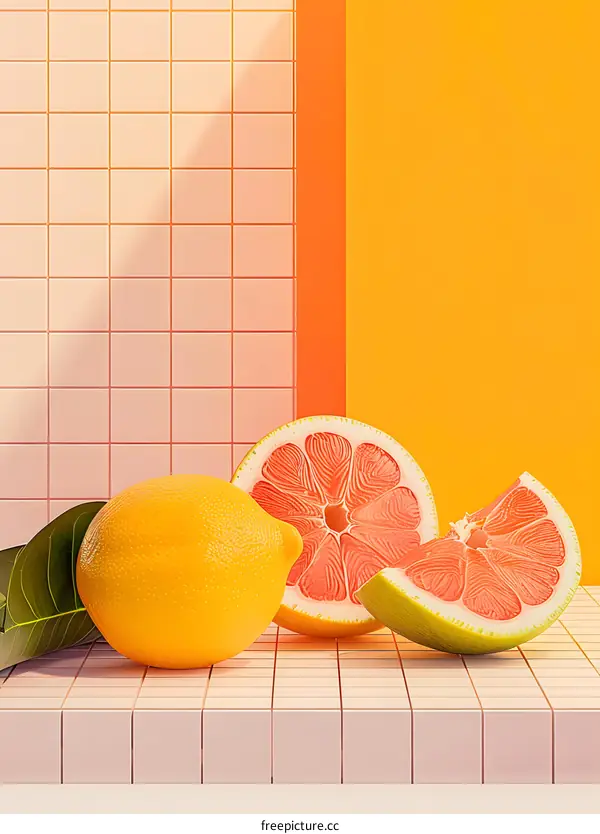 Minimalist Still Life with Lemon and Grapefruit on a Tile Background