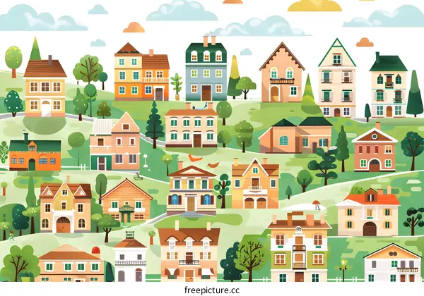 Beautiful Colorful Houses on Green Hills Illustration