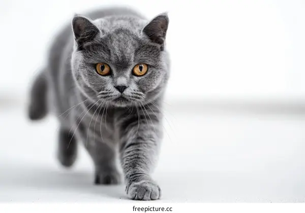 A Gray British Shorthair Cat Walks Towards the Camera with a Serious Look