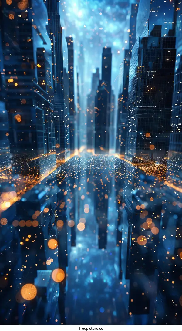 City illustration in blue and orange futuristic colors