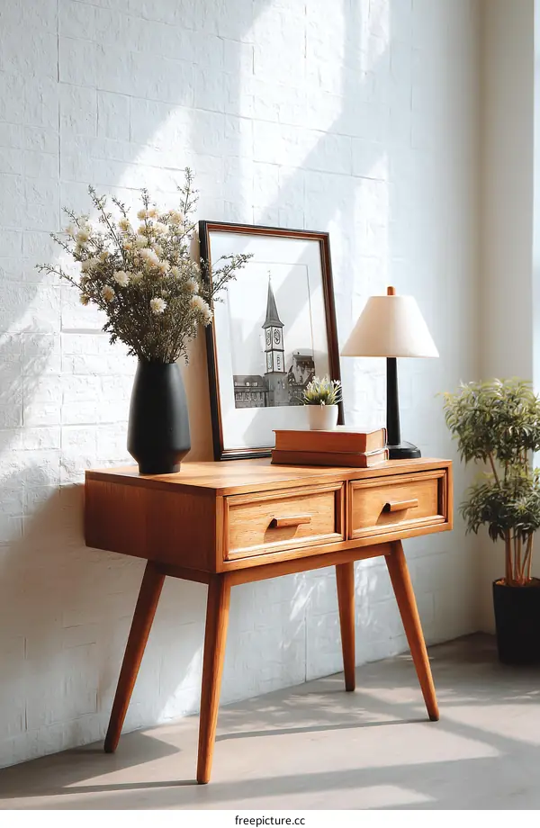 Mid-Century Modern Wooden Side Table with Decor