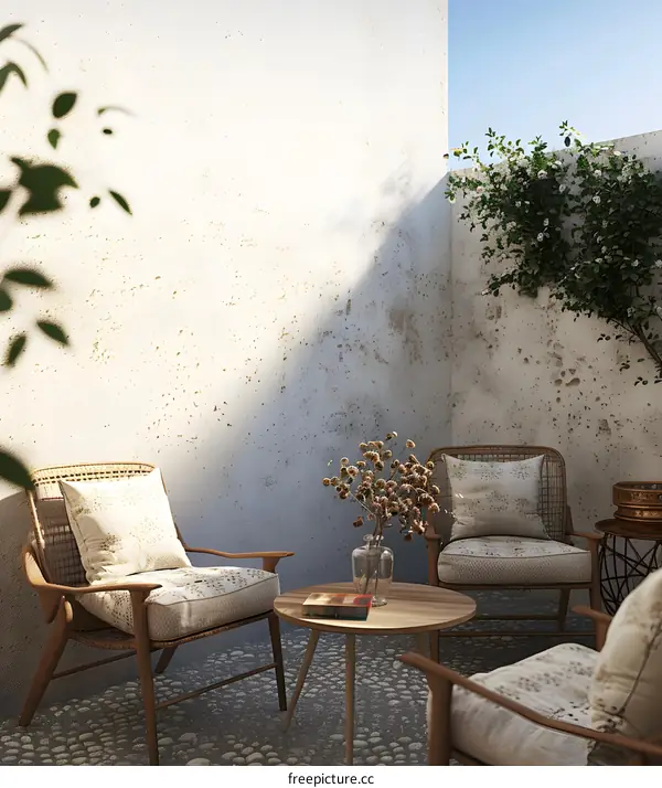 Cozy Patio Corner with Wicker Chairs and White Wall