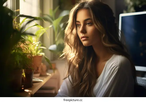 Portrait of a beautiful young woman with long brown hair sitting by the window